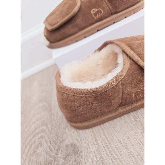 Lamo APMA Suede Leather Wool Shearling Fur Open Toe Slippers L - Picture 3 of 12